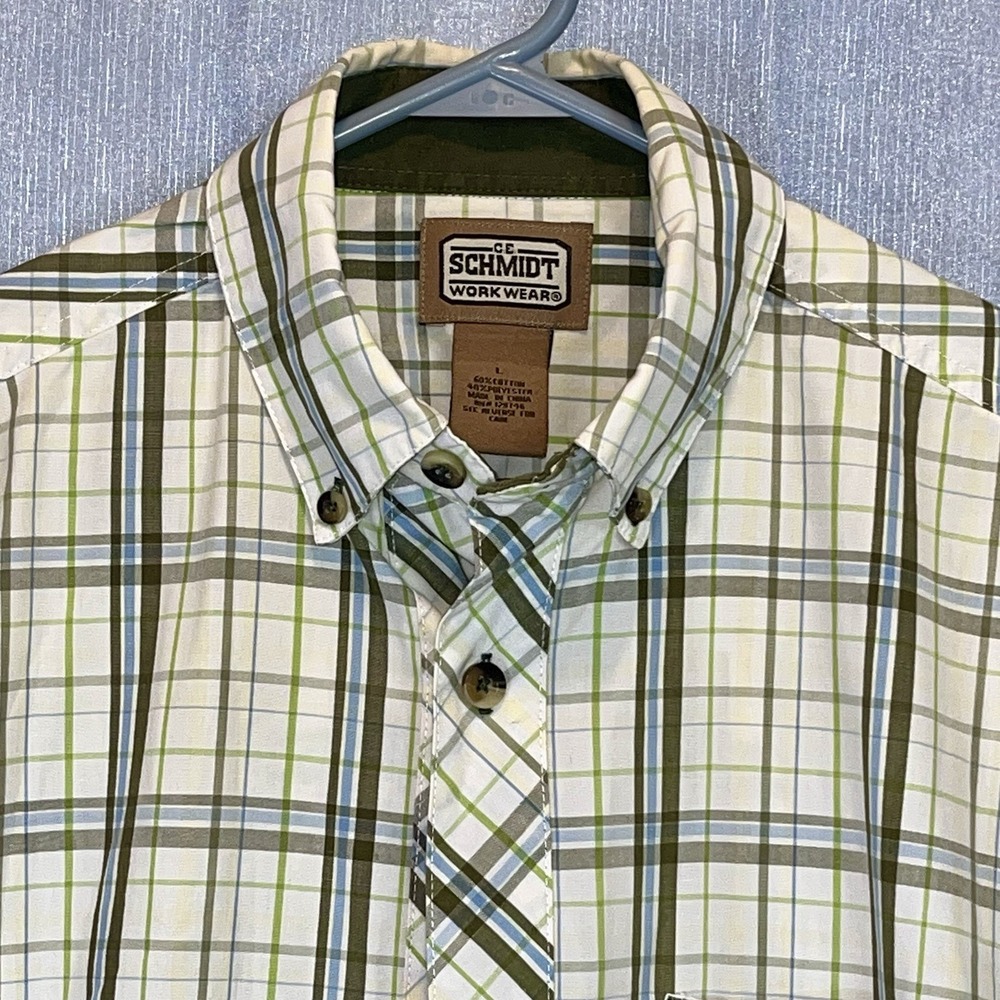 CE Schmidt Men's Shirt Lg Short Sleeve Button Up Workwear Green Plaid-Paint Spot